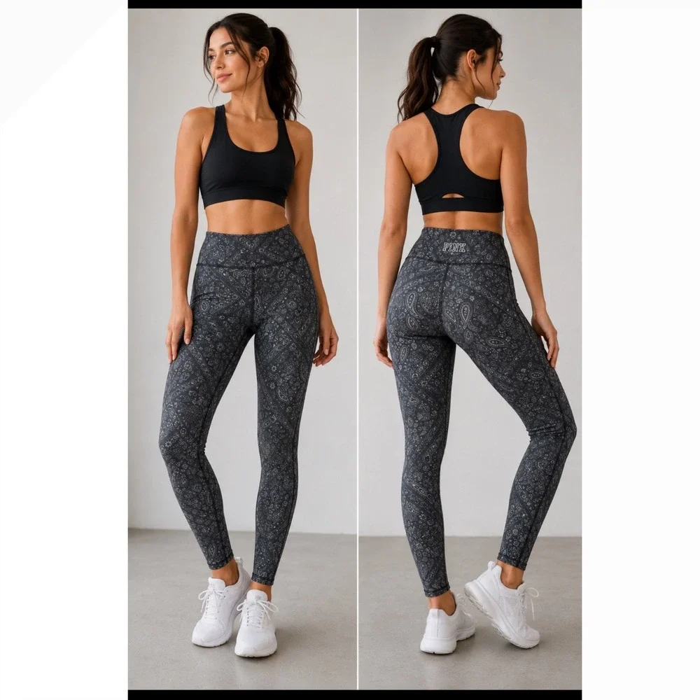 Victoria's‎ Secret Pink Sport Medium Black Gray Paisley  Print Leggings Juniors